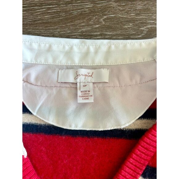 Scripted Red Wool Cashmere Striped Sweater w White Collar Asymmetrical Hem Small - Picture 9 of 9